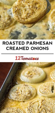 roasted parmesan cremed onions in a casserole dish with text overlay