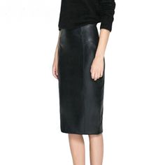 Black Leather Empire Waist Zipper Pencil Bodycon Office Skirt Leather Skirt Ideas, Pencil Midi Skirt, Pencil Skirt Casual, Unique Skirts, Pencil Skirt Outfits, Theatrical Romantic, Office Skirt, Khaki Skirt, Black Leather Skirts