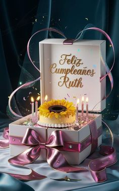 a birthday cake with lit candles in a gift box