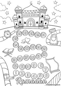 the ramaan calendar with numbers and symbols for children to color on, in black and white