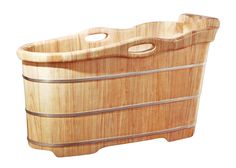 a wooden bathtub with two handles on the side