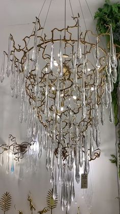 a chandelier hanging from the ceiling in a room with plants and other decorations