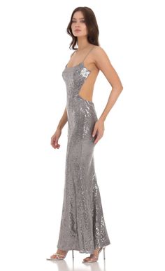 Sequin Open Back Dress in Silver | LUCY IN THE SKY Upf Clothing, Hoco Inspo, Formal Ideas, Graduation Party Dresses, Designer Jumpsuits, Casual Day Dresses, Lucy In The Sky, Open Back Dress, Strapless Jumpsuit