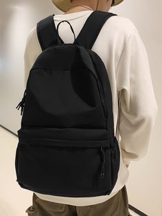 Black  Collar  Nylon Plain Casual Daypack Embellished   Men Bags Aesthetic Bags For College, Backpack Aesthetic Men, Stylish Backpacks For Men, Funny Burns, Junaid Khan, Best Laptop Backpack, Black School Bags, Aesthetic Backpack