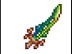 the pixel art is very colorful and has a green blade on it's end