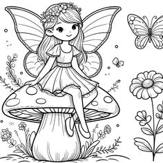 a fairy sitting on top of a mushroom with flowers and butterflies in the back ground