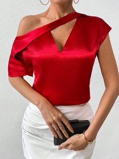 Red Elegant Collar Short Sleeve Fabric Plain Top Embellished Non-Stretch  Women Clothing Chic Winter Style, White Blouses, Chic Coat, Ladies Top, Cold Weather Fashion, Black And White Blouse, Women Blouses, Cozy Outfit