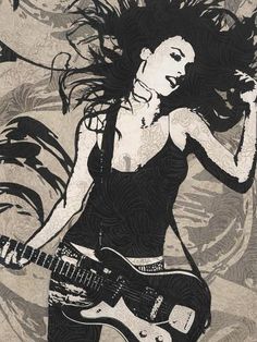 a drawing of a woman playing an electric guitar with her hair blowing in the wind