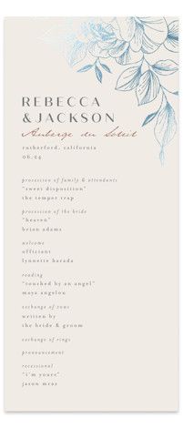 a wedding program with blue flowers on it