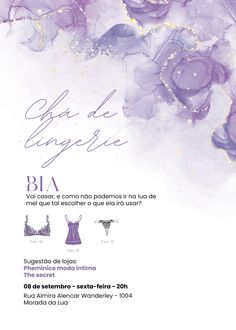 an advertisement for a women's clothing store with purple flowers and gold glitters