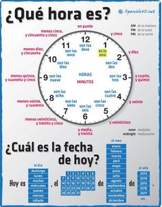 a clock with spanish words on it and the time in different languages, as well as numbers