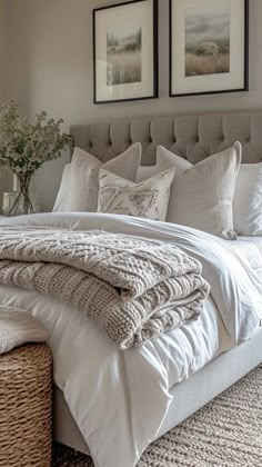 a bed with white linens and pillows in a bedroom next to two pictures on the wall