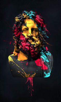 a man with long hair and beard wearing colorful paint splatters on his face