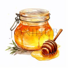 a painting of a jar of honey and a wooden spoon next to it on a white background