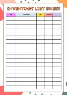 a printable inventory list sheet with the words inventory list in red, yellow and blue