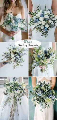 wedding bouquets with blue flowers and greenery are arranged in the shape of a bride's bouquet