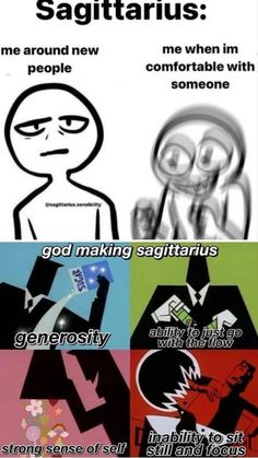 an image of some cartoon characters with caption in the middle, and one that says sagittarius