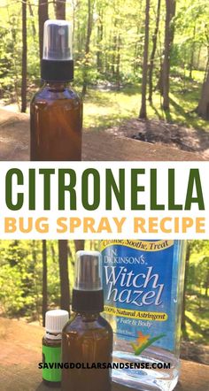 a bottle of citronella bug spray sitting on top of a wooden table next to a