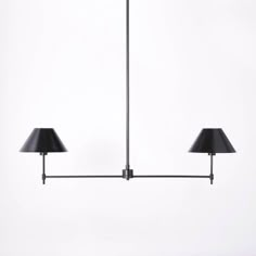 two black lamps hanging from the ceiling