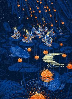 an image of some people in the woods at night with oranges and stars above them