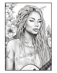 a drawing of a woman with dreadlocks holding a guitar in front of flowers