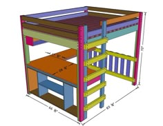 the plans for a loft bed with desk and ladders are shown in blue, green, yellow and pink