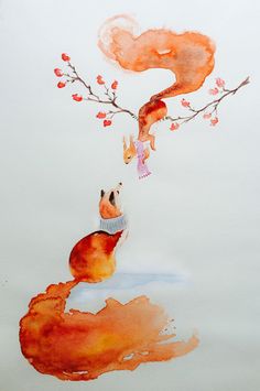 a painting of two cats sitting on top of a tree branch with red berries hanging from it's branches