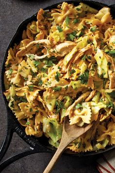 Skillet with bowtie pasta, shredded chicken and cabbage with herbs Cabbage And Pasta, Brown Butter Sauce Recipe, Cabbage Pasta, Leftover Roast Chicken, Chicken Cabbage, Roast Chicken Leftovers, Brown Butter Sauce, Chicken And Cabbage, Leftover Rotisserie Chicken