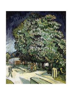 a painting of people walking down a street next to a tree