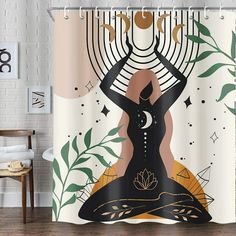 a shower curtain with a woman doing yoga