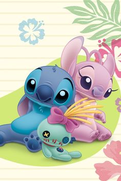 two cartoon characters sitting next to each other on top of a flowery background with pink and blue flowers