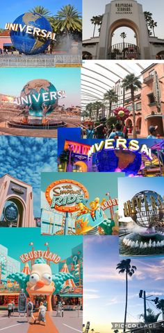 many different images of the theme park in universal studios, including an entrance to universal's