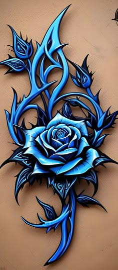 a blue rose tattoo design on a tan background