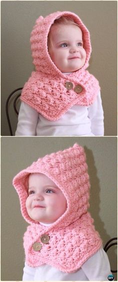 two pictures of a baby wearing a pink crocheted hood and scarf with buttons