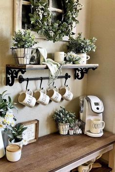 coffee mugs and plants are arranged on the wall