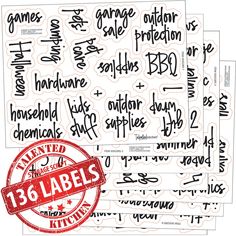 some stickers that have been placed on top of each other with the word labels