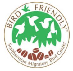 the bird friendly smithsonian migratory bird center logo is shown in green and brown colors on a white background