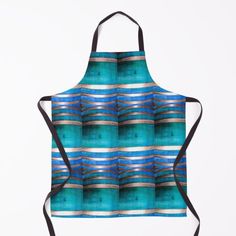 an apron with blue and green stripes on the front, hanging from a black strap