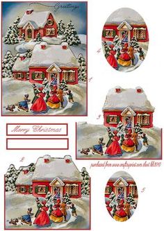 a set of four christmas cards with an image of people in front of a house