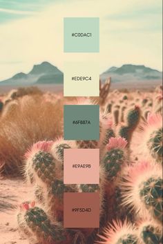 the color palette is different shades of green, pink, and blue in this desert scene