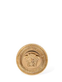 Gold-colored metal. Logo detail . Nickel free Versace Gold, Versace Jewelry, Thick Ring, Ski Accessories, Metal Logo, Flat Espadrilles, Ring Gold, Charm Earrings, Womens Jewelry Rings