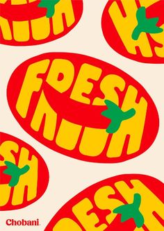 four stickers with the words fresh mush in red, yellow and green on them