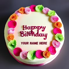 a birthday cake decorated with colorful paper flowers