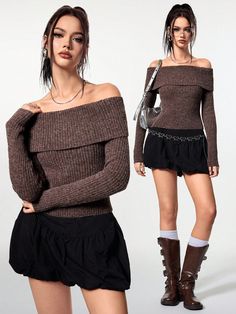 Marrón Casual Collar manga larga Lana Peinada Liso Pullovers Embellished Elástico Ligero Off The Shoulder Top Outfit, Shoulder Tops Outfit, School Sweater, Winter Y2k, Y2k Long Sleeve, Y2k Sweater, Brown Outfit, Women Sweaters, Elegant Dresses Long