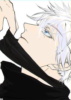 an anime character with white hair and blue eyes looking to his left, wearing black