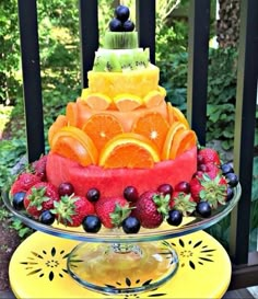 a cake made out of watermelon, oranges and strawberries