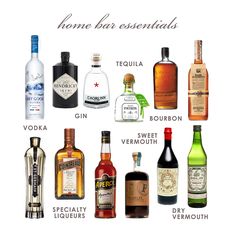 there are many different types of liquors in this picture, but one is labeled with the name home bar essentials