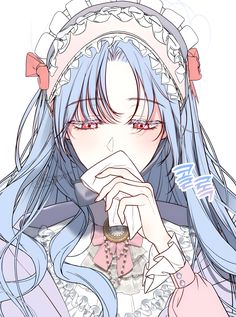 an anime character with long blue hair wearing a headband and holding her hand to her mouth