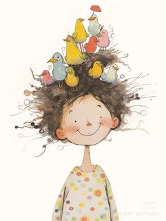 a drawing of a girl with birds on her head