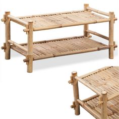 two wooden tables sitting next to each other on top of a white surface with wood slats